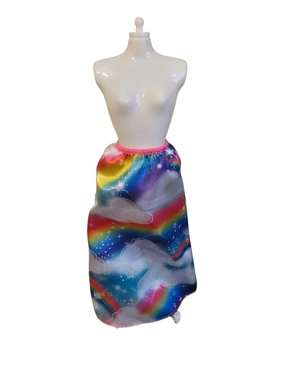 Vintage Y2K Barbie Doll Maxi Length Skirt Rainbow Cloud Print